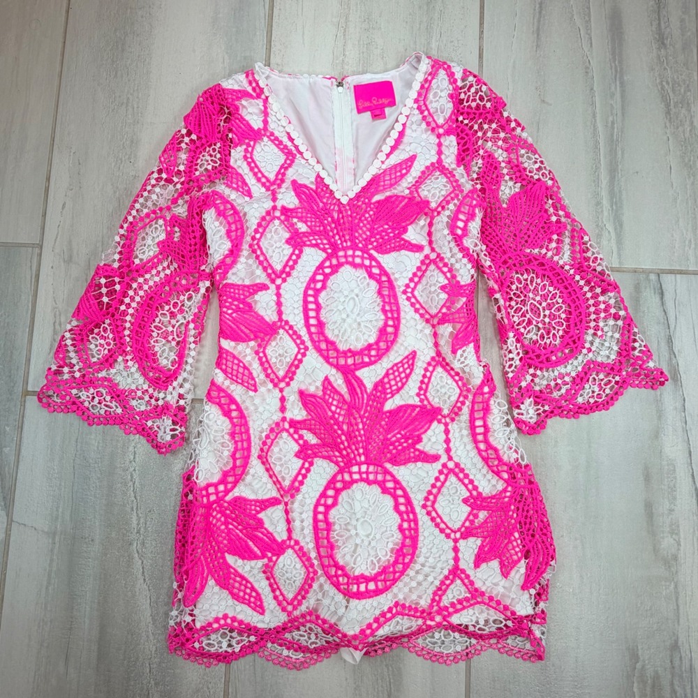 Lilly Pulitzer Lottie Lace Romper Pink Tropics Juice Stand Crochet Size 2